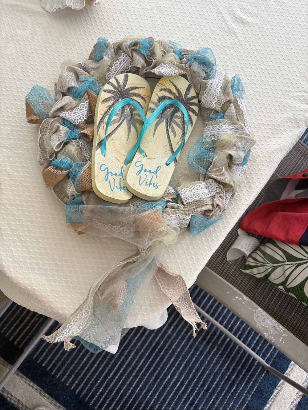 Handmade Coastal Flip Flop Wreath Beach House Decor Aqua Tan White